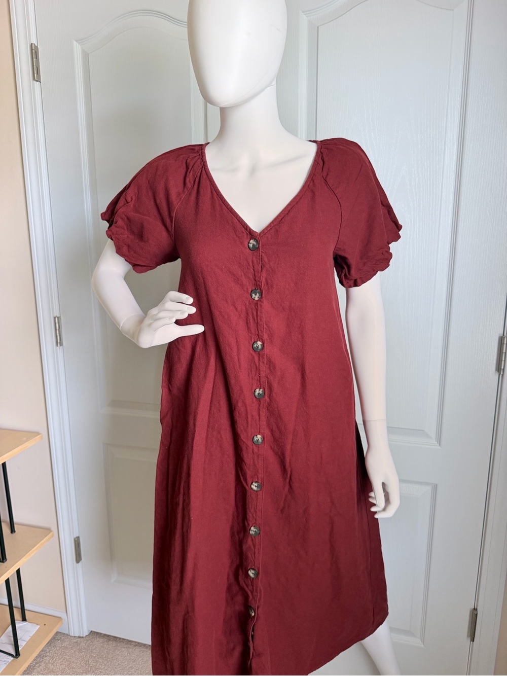 Madewell (Re)sponsible Bubble-Sleeve Dark Wine Button-Front Midi Dress Size XS